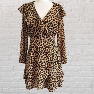 Leopard print wrap mini dress with ruffles and long sleeves from Free People